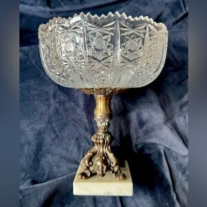 Vintage Hollywood Regency Style Cut Crystal Compote with Ornate Brass Pedestal